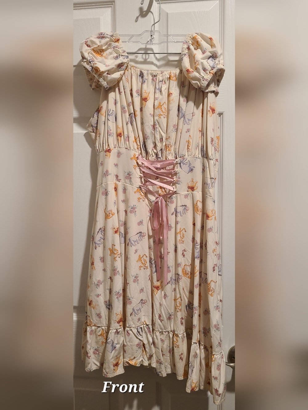 Boho Cream Floral Puff-Sleeve Midi Dress with Pink Lace-Up